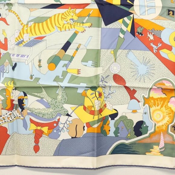 HERMES Carre 90 Scarf ""CA DECOIFFE!"" Silk Beige Auth 137450M - Picture 9 of 13